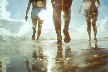 People walking on a sandy beach, and waves splashing and leaving lens flare, low-angle illustration of a summer vacation