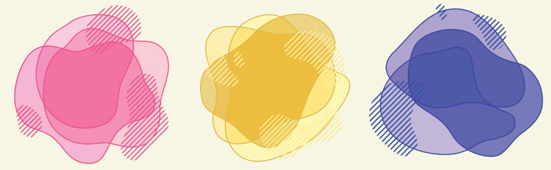 Set of abstract banners. Flat geometric shapes of different colors with translucent watercolor effect and lines hatching. Liquid frame border of amorphous forms. Vector isolated on white background