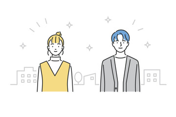 young couple, upper body, front view, vector illustration