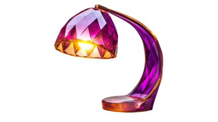 Illuminated lamp with geometric facets, purple and orange, cut out transparent