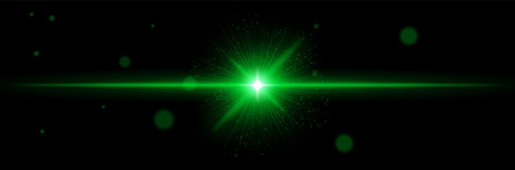 Fototapeta premium Green radial light burst with sparkling center beam and glowing particle rays, symbolizing powerful signal transmission or sci-fi tech explosion.