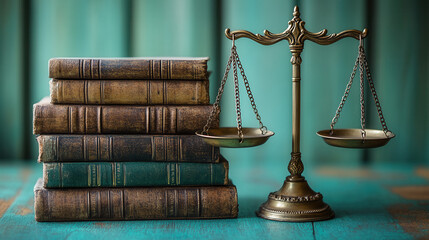 Books balanced on a scale, symbolizing law and justice, with a vibrant turquoise background creating a professional atmosphere 