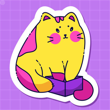 Naklejki A cat sticker for a daily diary drawn in bright neon colors.