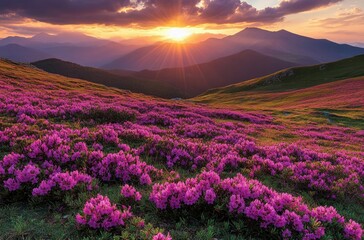 Obraz premium Radiant sunset illuminates a blooming field of vivid pink rhododendron flowers in the mountains