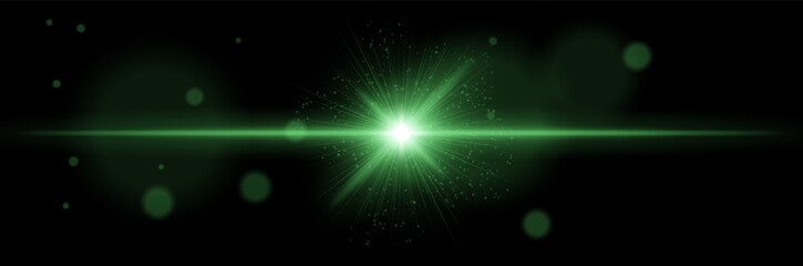 Fototapeta premium Green glowing burst with horizontal flare, light particles, radial rays on black background. Concept of energy explosion, sci-fi effect, cosmic flash, digital illumination, star core.