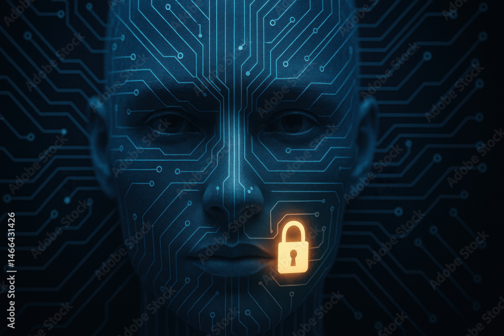 Poster futuristic human face with digital circuit patterns and glowing lock symbol representing cybersecuri