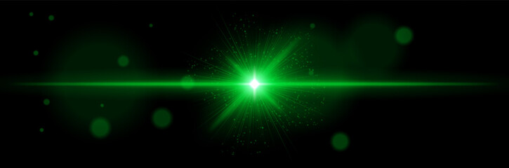 Fototapeta premium Green starburst with central flare, sparkling dots, dynamic rays on dark background. Depicts futuristic energy, space pulse, sci-fi beam, cosmic ignition.