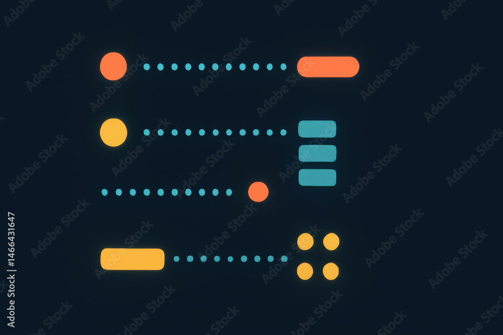 Poster abstract colorful dots and bars on dark background, creating modern digital interface with orange, y