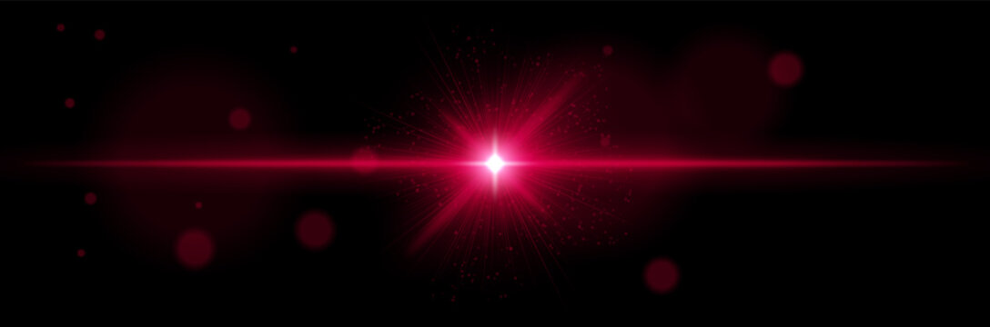 Fototapeta Red starburst with central flare, sparkling dots, dynamic rays on dark background. Depicts futuristic energy, space pulse, sci-fi beam, cosmic ignition.