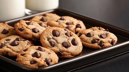 chocolate chip cookies on a tray with milk