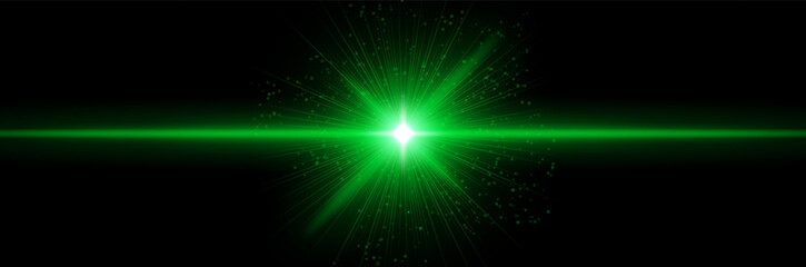 Green light flash with intense core glow, radial beams, sparkling particles. Symbolizes energy burst, futuristic sci-fi light, star ignition, cosmic force.