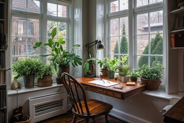 Fototapeta premium Inspiring Writing Nook with Bay Window Greenery for Enhanced Creativity