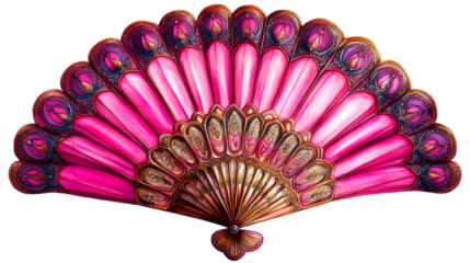 Intricate Pink Hand Fan with Gold Accents, cut out transparent
