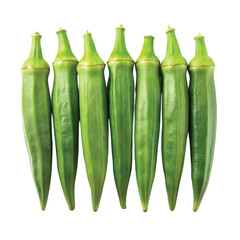 Okra Pods in Clean Green Line: bright green okra pods aligned in a straight line, top-down view, PNG