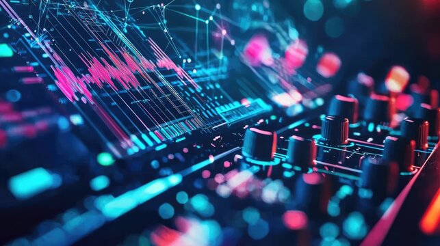 Modern electronic music production interface with digital overlays.