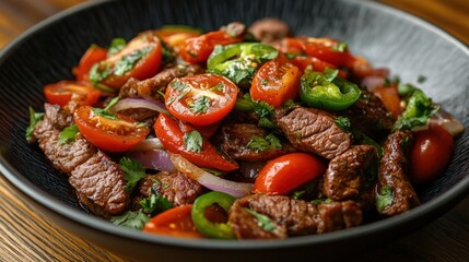 Sliced beef with fresh tomatoes, onions, and peppers