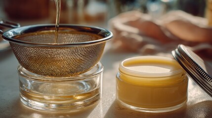 Homemade beef fat lotion and natural straining process in sunlit kitchen,,beef tallow for skin,