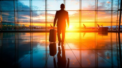 Business man and travel at airport on airplane for professional trip, journey or flight. Happy manager walking with suitcase, luggage and bag for boarding, check in or smile at terminal window.