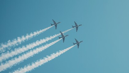 Air Show Formation: Four Jets in Diamond Formation Leaving White Trails Against a Clear Blue Sky