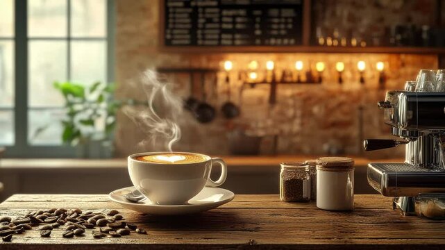 Coffee maker and cup on kitchen counter with shinning  sunset 