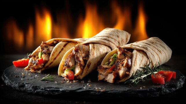 A stunning image of wrap dark slate board fire burning background is Chicken shawarma durum doner.