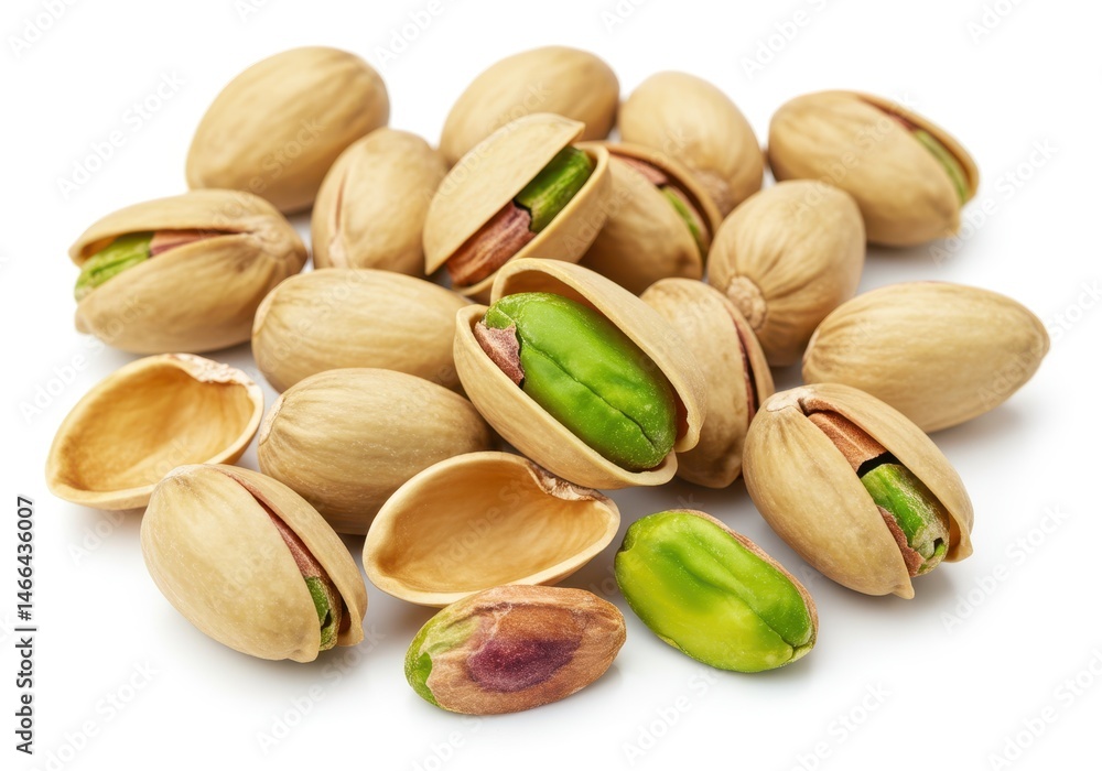Poster pile of pistachios with open shells showing the nut on a white background