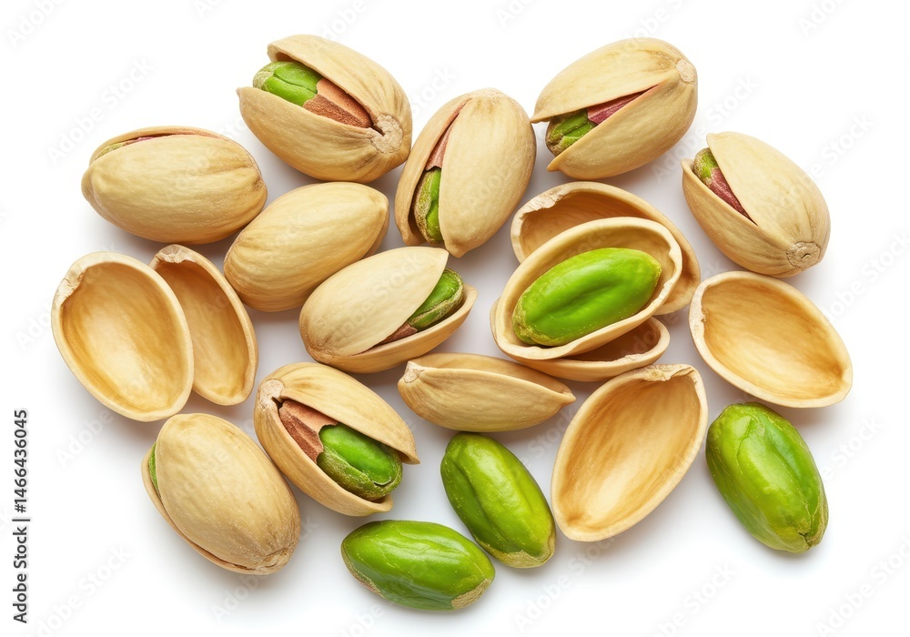 Poster pistachios scattered on a white surface with some open shells