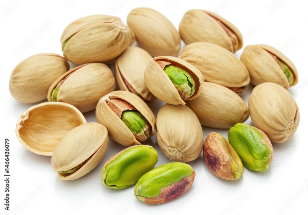 Poster pile of pistachios some shelled and some in shells on a white background
