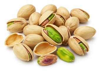 Pile of pistachios with open shells showing the nut on a white background