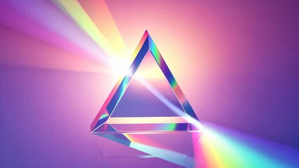 Vibrant triangular prism reflecting light in stunning hues and patterns. Light purple background, rotating crystal. - Powered by Adobe