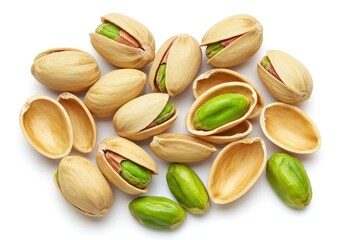 Pistachios scattered on a white surface with some open shells