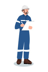 Industrial worker or engineer in uniform and hard hat writing on clipboard. Inspection or note taking. Vector illustration isolated on white background.