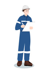 Industrial worker or engineer in uniform and hard hat writing on a clipboard. Taking notes or inspecting.