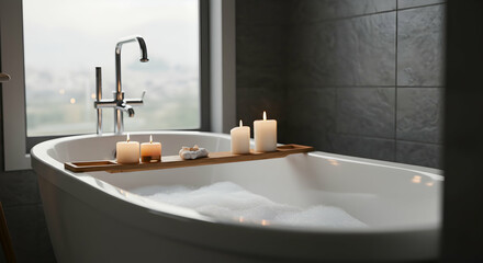 Fototapeta premium Relaxing Spa Experience with Candles in Modern Bathroom Setting