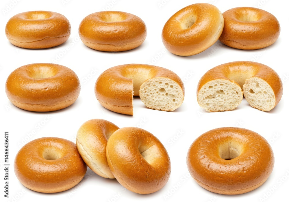 Poster plain bagels arranged on a white surface with one bagel cut in half to show texture