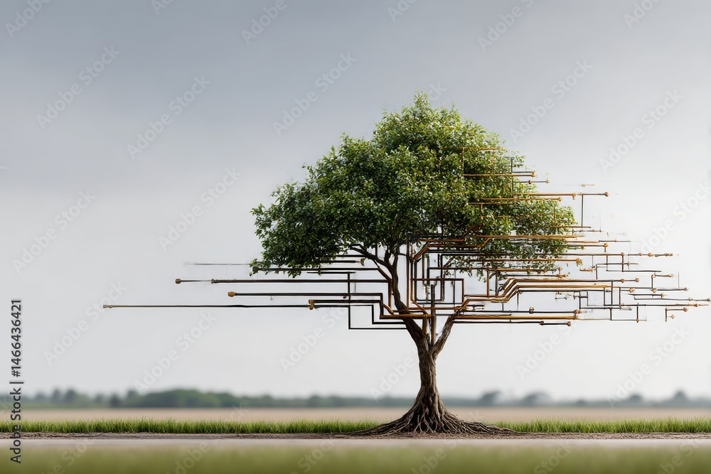 Poster a circuit tree: where nature meets technology, illustrating the fusion of the organic and digital re