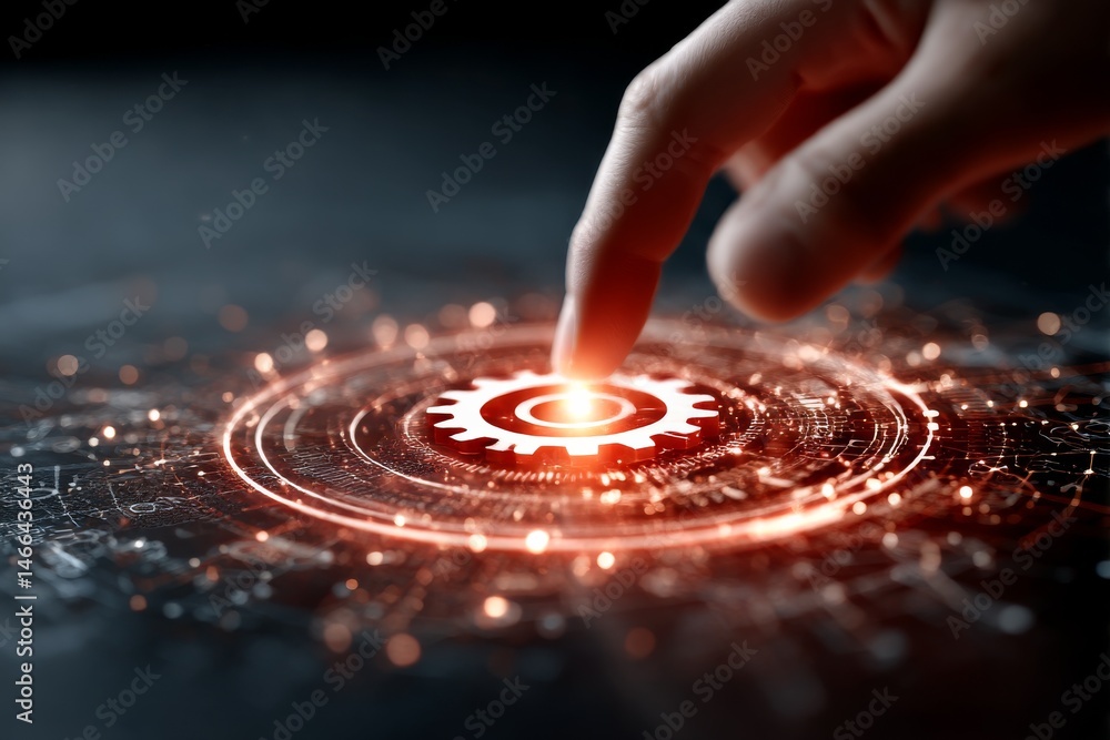 Poster activating the system: finger presses a glowing gear, symbolizing technology and innovation for a co