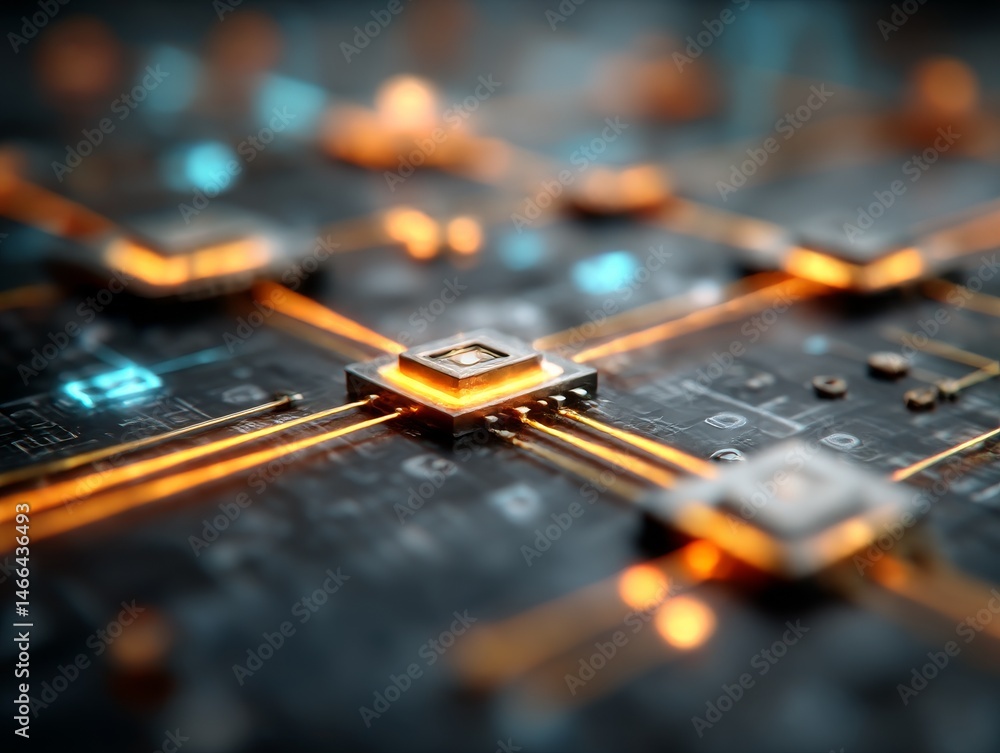 Poster Advanced Microchip Interconnection: Technological Circuitry with Glowing Paths and Data Flow Visualization