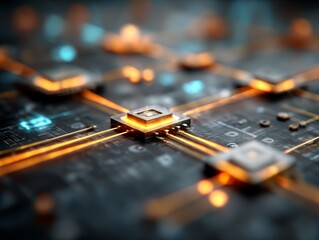 Advanced Microchip Interconnection: Technological Circuitry with Glowing Paths and Data Flow Visualization