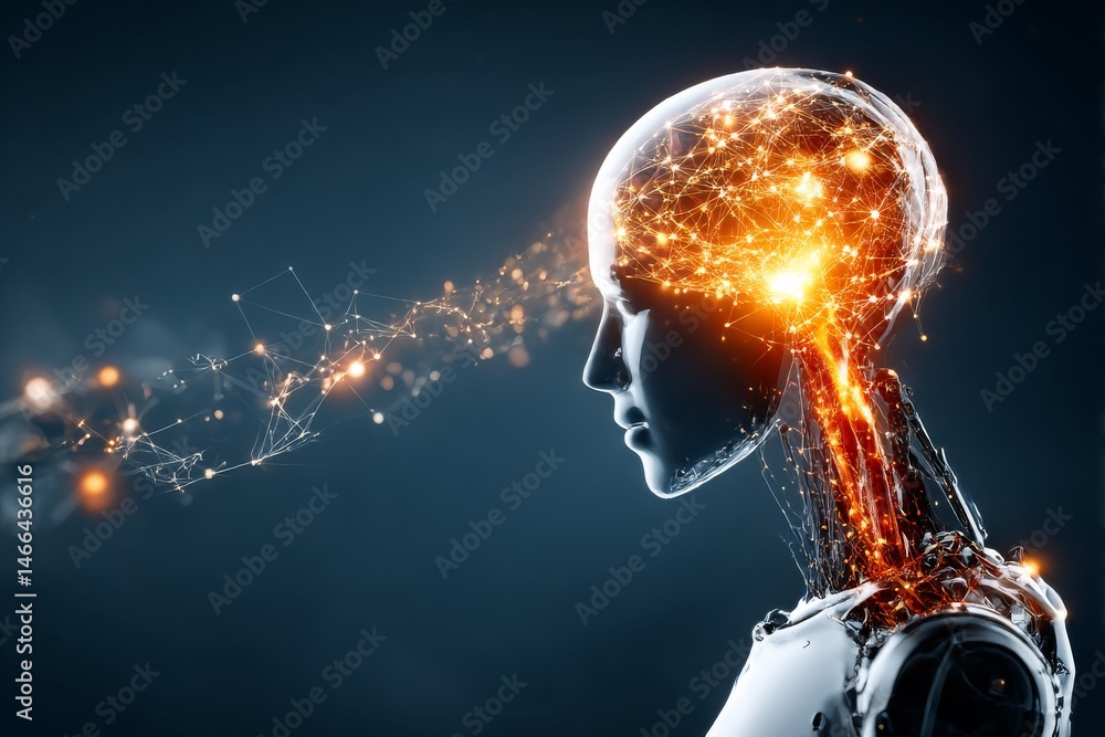 Fototapete Artificial Intelligence Mind: Humanoid Robot with Glowing Neural Network Connections and Digital Brain