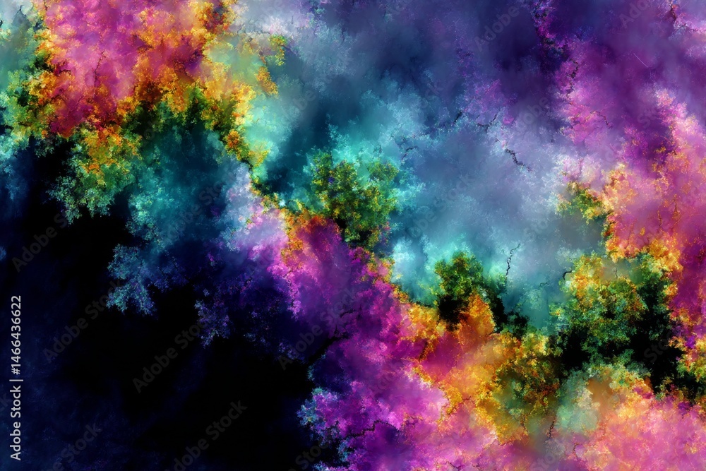 Aufkleber an ethereal dreamscape: a multicolored abstract forest canopy bathed in cosmic light and shadow