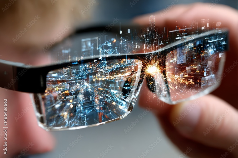 Aufkleber augmented reality glasses reflecting digital cityscape and sparks of innovation in user's hands