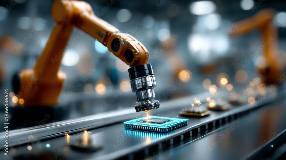 Poster Automated Manufacturing: Robotics Precision in Chip Production on a Conveyor Belt with Advanced Technology