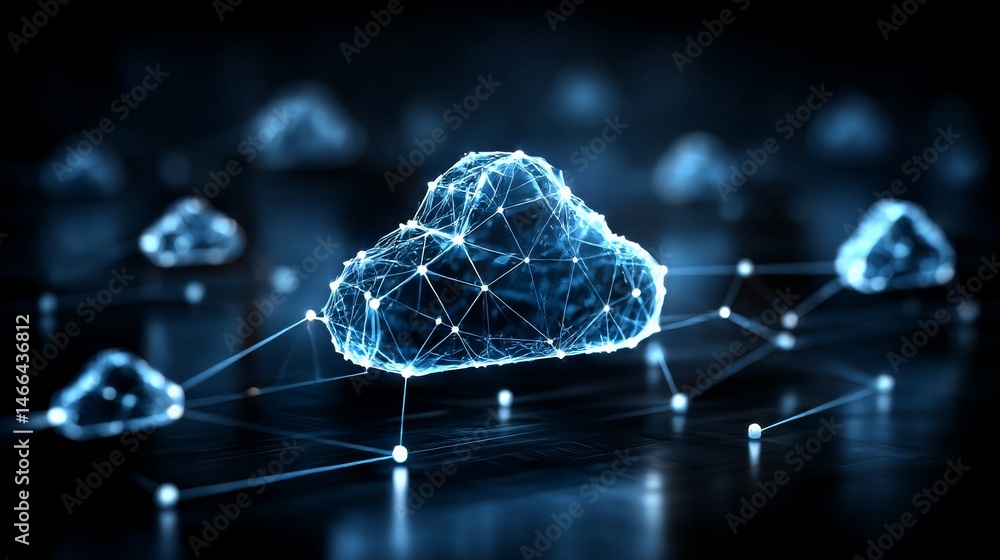Poster Cloud Computing Network: A digital cloud connected by nodes on a dark background, representing modern data storage and networking.