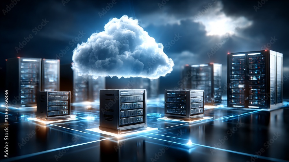 Poster cloud computing network: servers with data center connections and a large cloud.