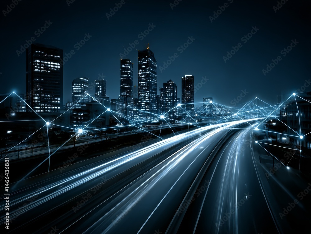 Poster connected metropolis: a futuristic cityscape illuminated by network nodes and streaks of light from 