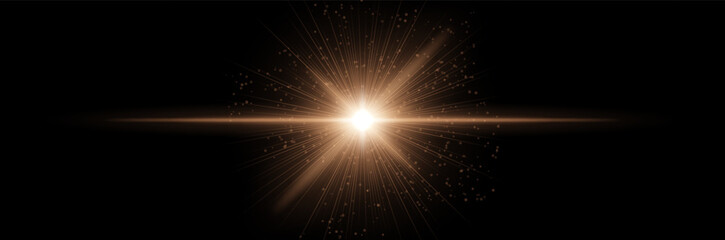 Orange glowing core with radial beams and particles, light flare extends horizontally on dark backdrop. Depicts sci-fi explosion, cosmic pulse, digital star effect. © Кирилл Макаров