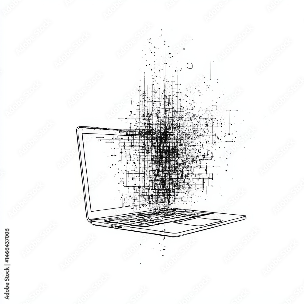Poster Data Explosion: Abstract Data Visualization Emanating from a Laptop Screen on a White Background.