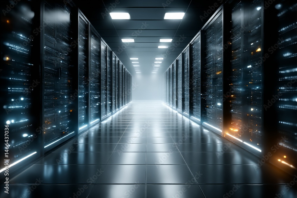 Poster data center server room with rows of rack servers, high-tech facility for cloud computing and data s