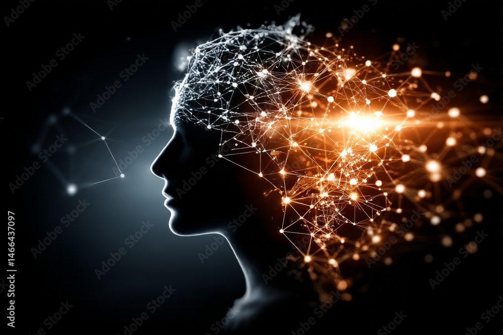 Poster digital mind: woman's profile with glowing network, ai, and future tech connection, illustrating inn